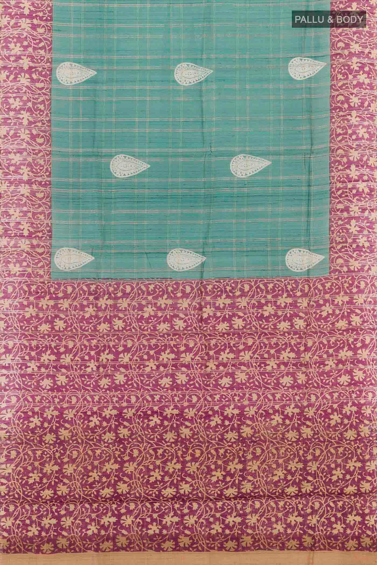 Flat view of Turquoise Tussar Saree with Checked design on the body and Zari Border