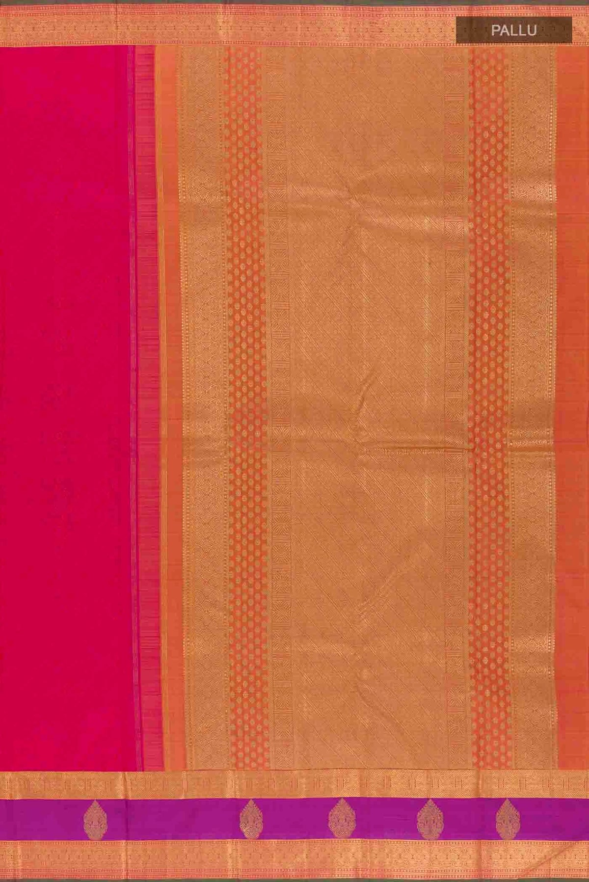 Close up image of the pallu of Pink Dual Tone Kanchipuram Silk Saree with Jacquard design on the body and Zari Border