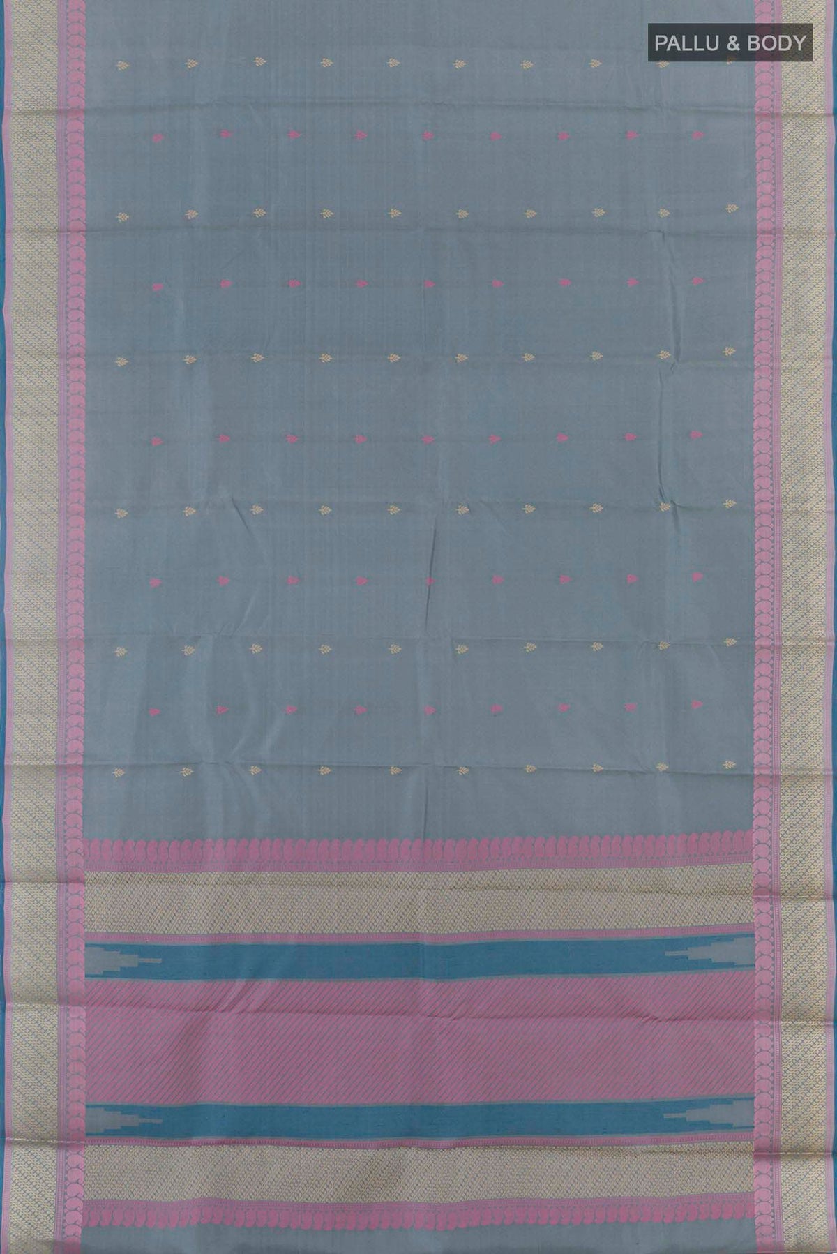 Flat view of Grey Kanchipuram Silk Saree with Thread Butta on the body and Thread Embroidery Border