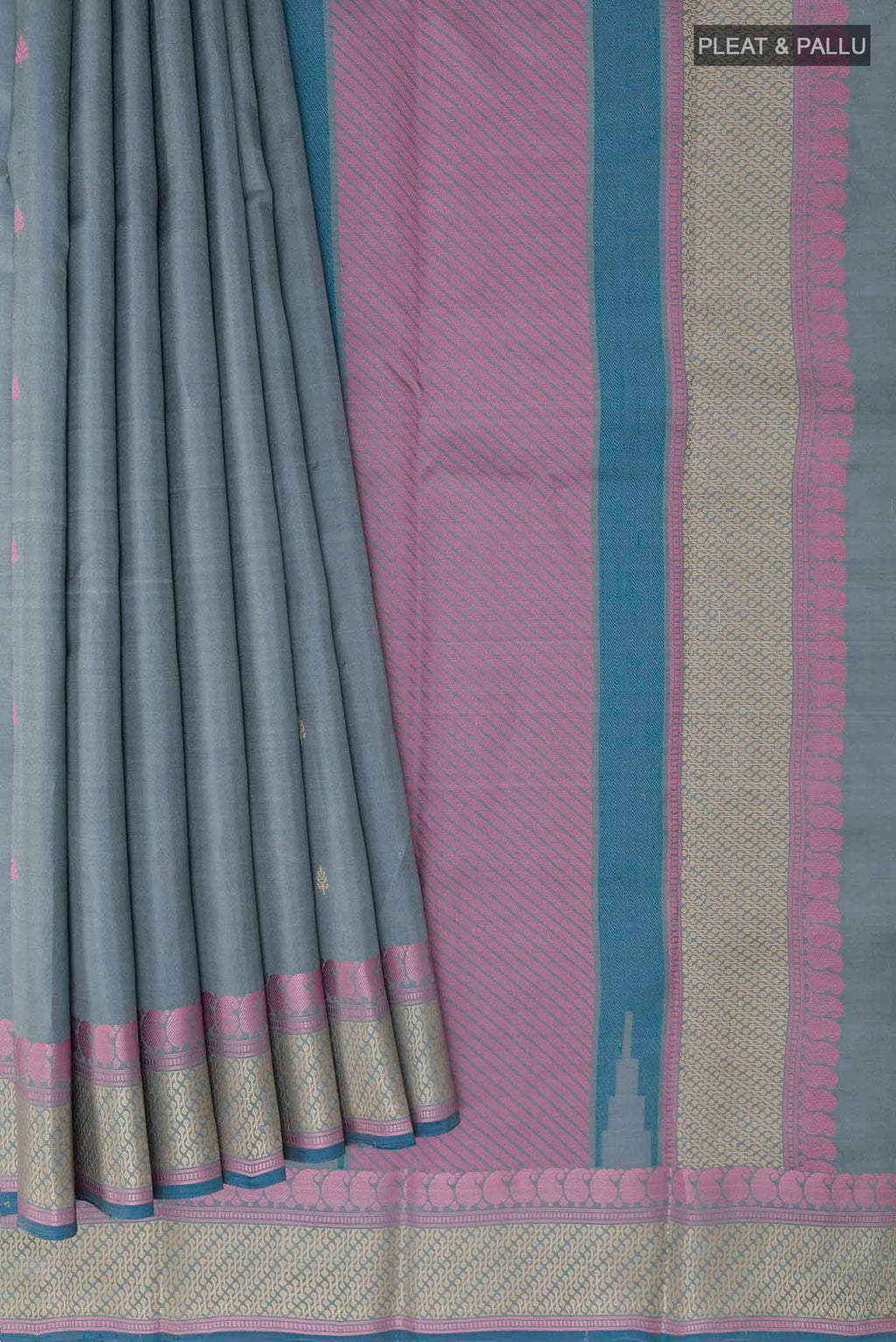 Pleats and pallu of Grey Kanchipuram Silk Saree with Thread Butta on the body and Thread Embroidery Border