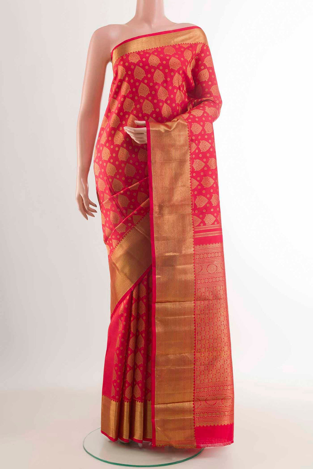 Pure Silk Pure Zari Red Kanchipuram Saree with Zari Butta on the body and Zari Border displayed on a mannequin