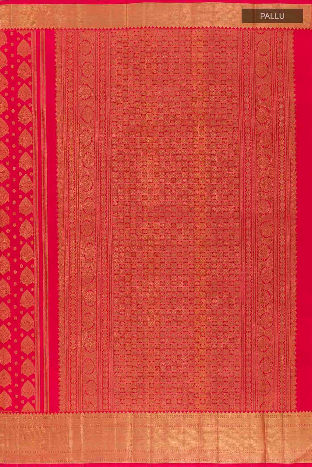 Close up image of the pallu of Pure Silk Pure Zari Red Kanchipuram Saree with Zari Butta on the body and Zari Border