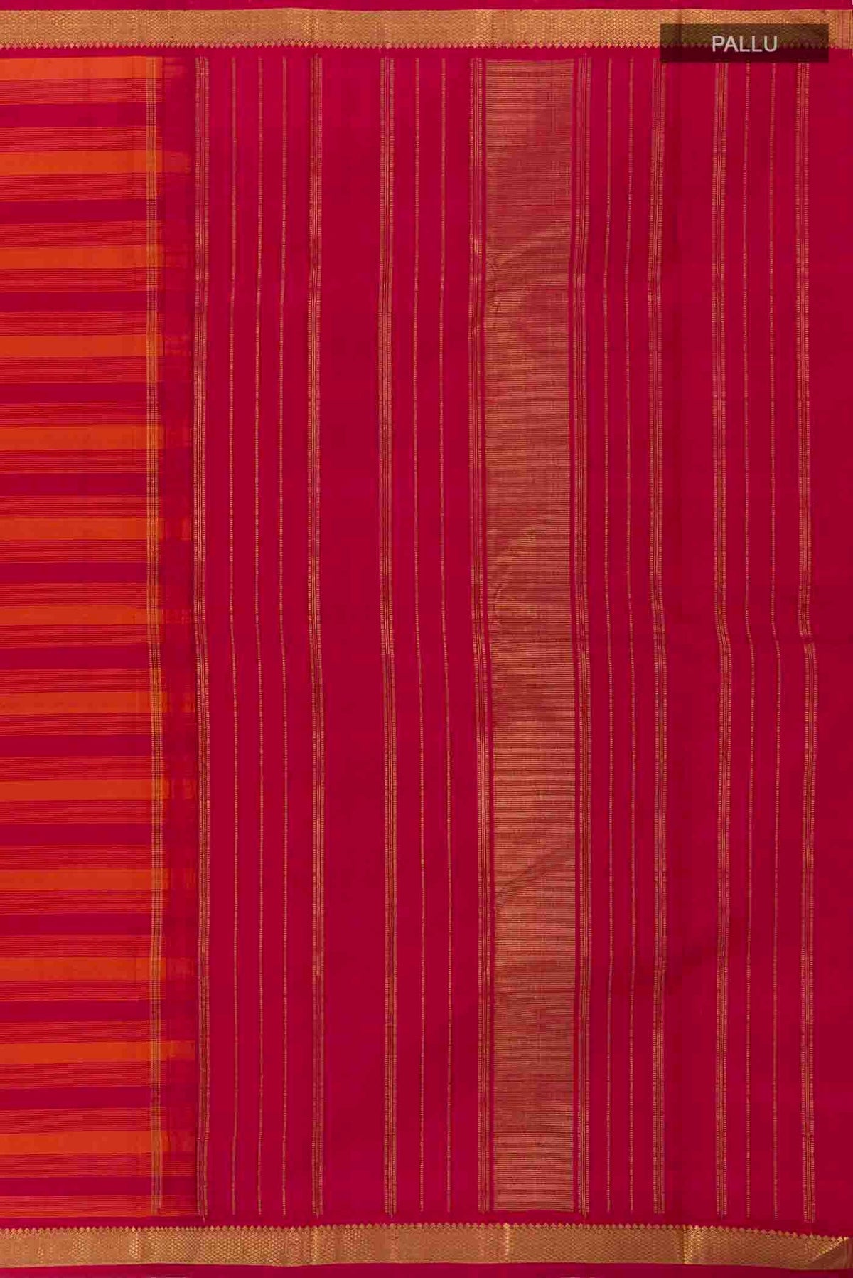 Close up image of the pallu of Maroon Kanchipuram Silk Saree with Stripes on the body and Zari Border
