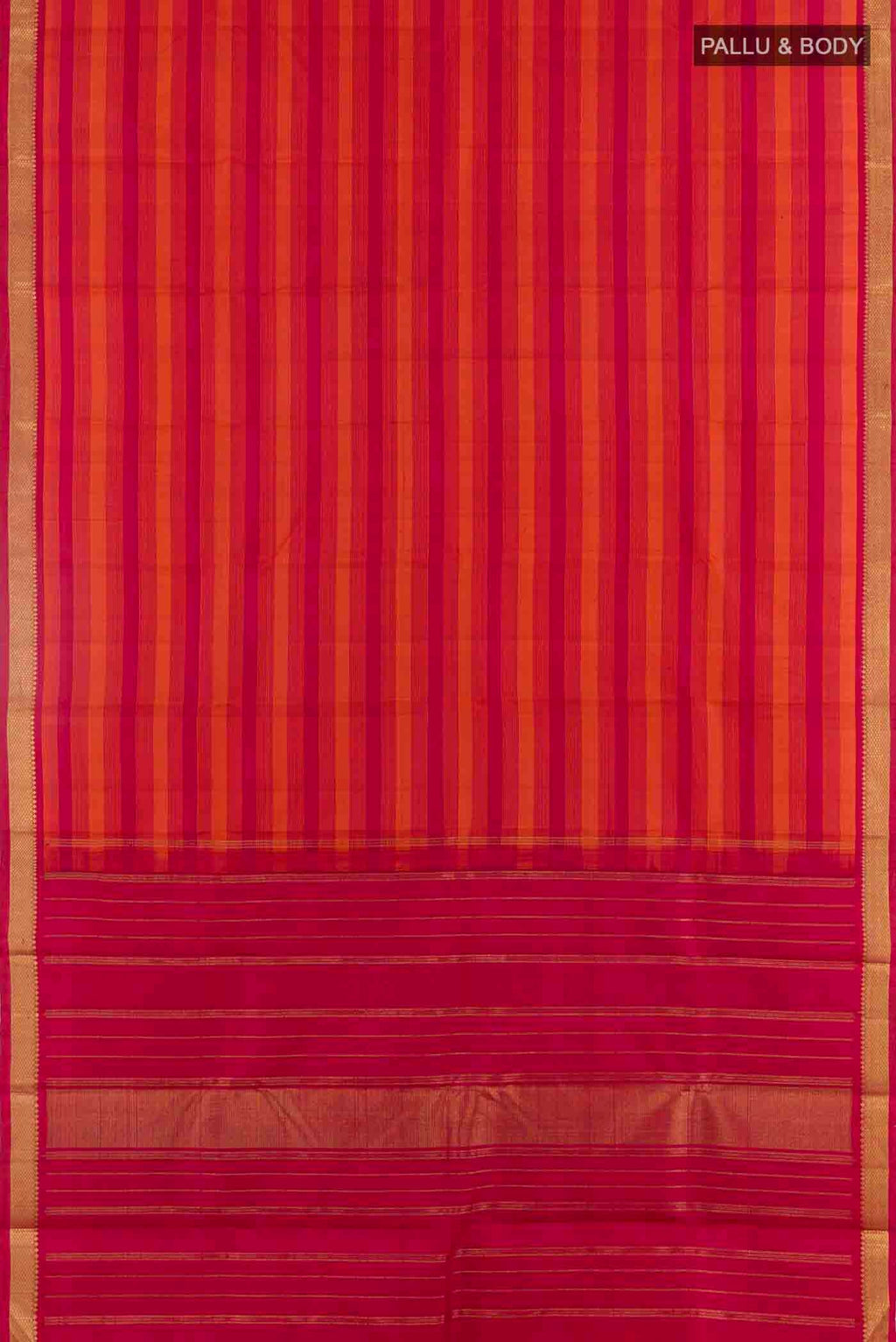 Flat view of Maroon Kanchipuram Silk Saree with Stripes on the body and Zari Border