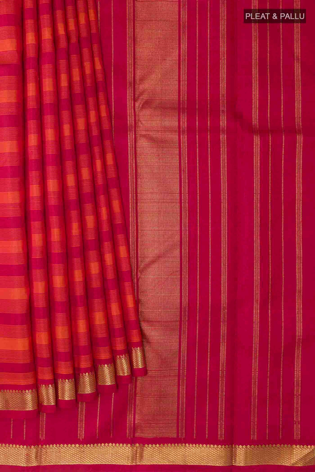 Pleats and pallu of Maroon Kanchipuram Silk Saree with Stripes on the body and Zari Border