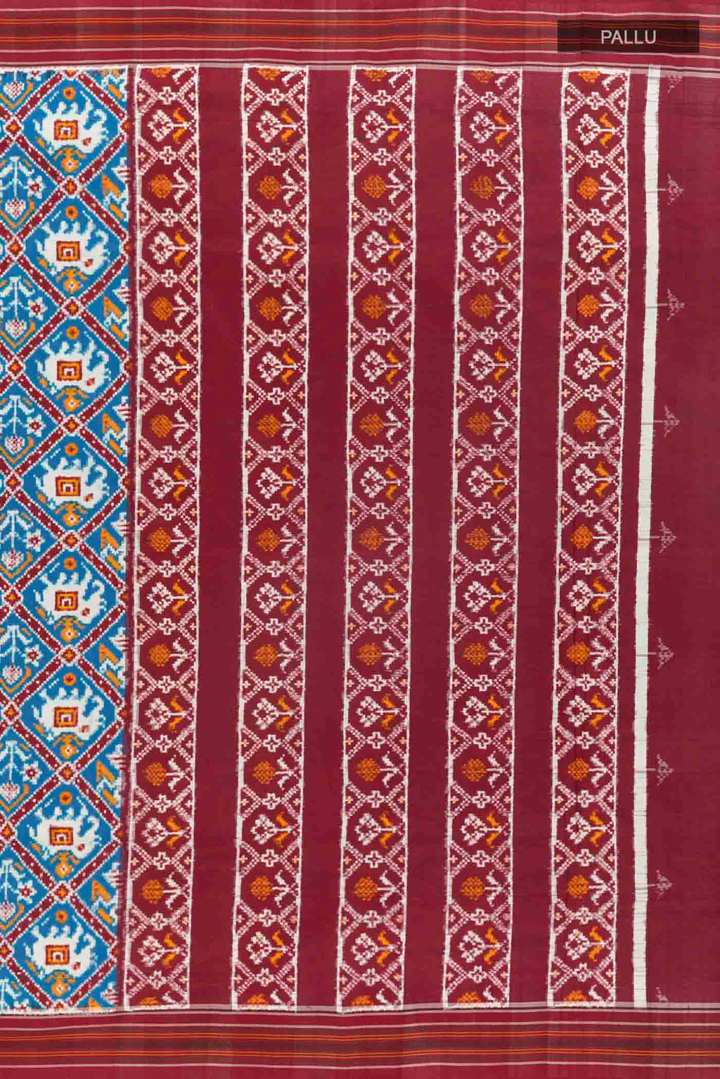 Close up image of the pallu of Blue Pochampally Silk Saree with Pure Ikat on the body and Ikat Border