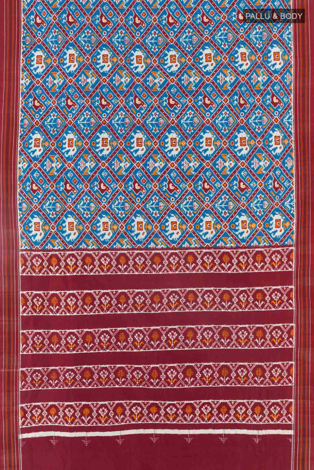 Flat view of Blue Pochampally Silk Saree with Pure Ikat on the body and Ikat Border