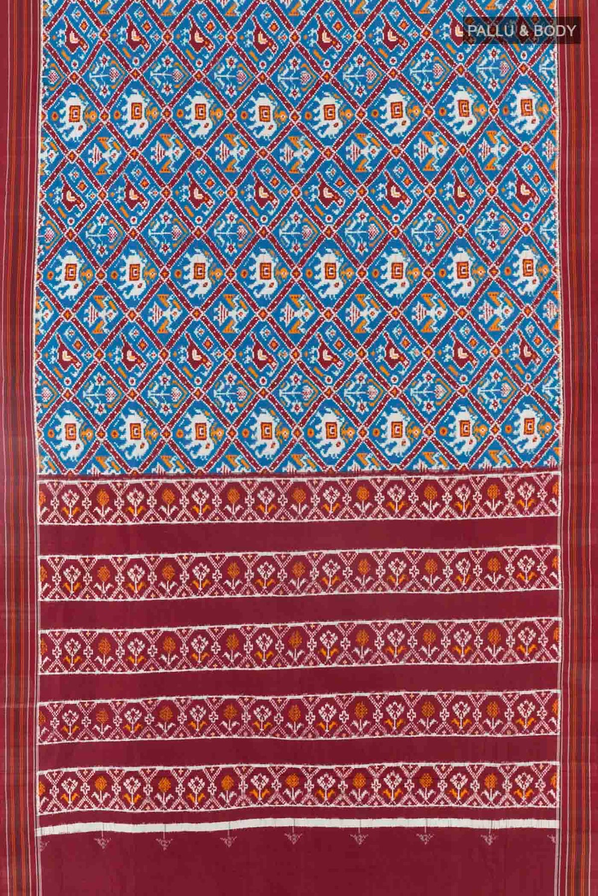Flat view of Blue Pochampally Silk Saree with Pure Ikat on the body and Ikat Border