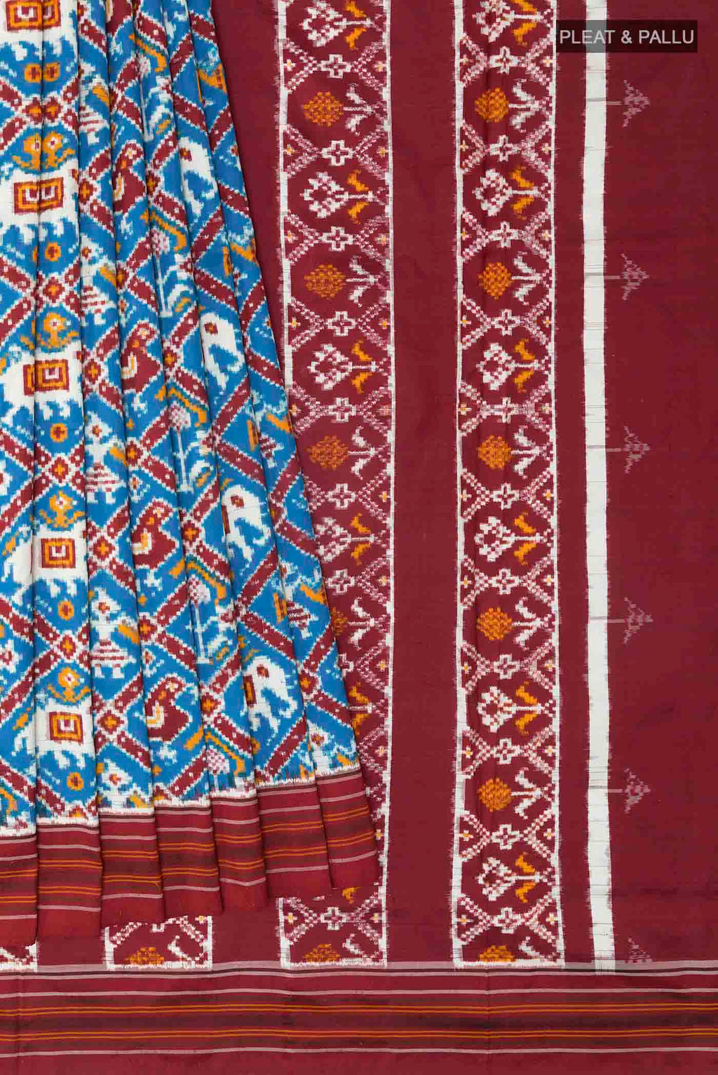 Pleats and pallu of Blue Pochampally Silk Saree with Pure Ikat on the body and Ikat Border
