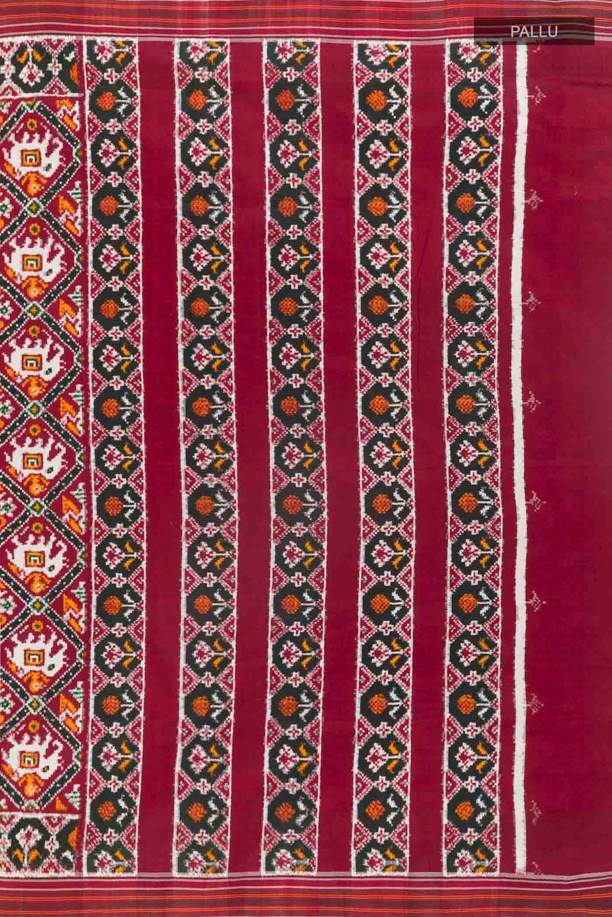 Close up image of the pallu of Maroon Pochampally Silk Saree with Pure Ikat on the body and Ikat Border