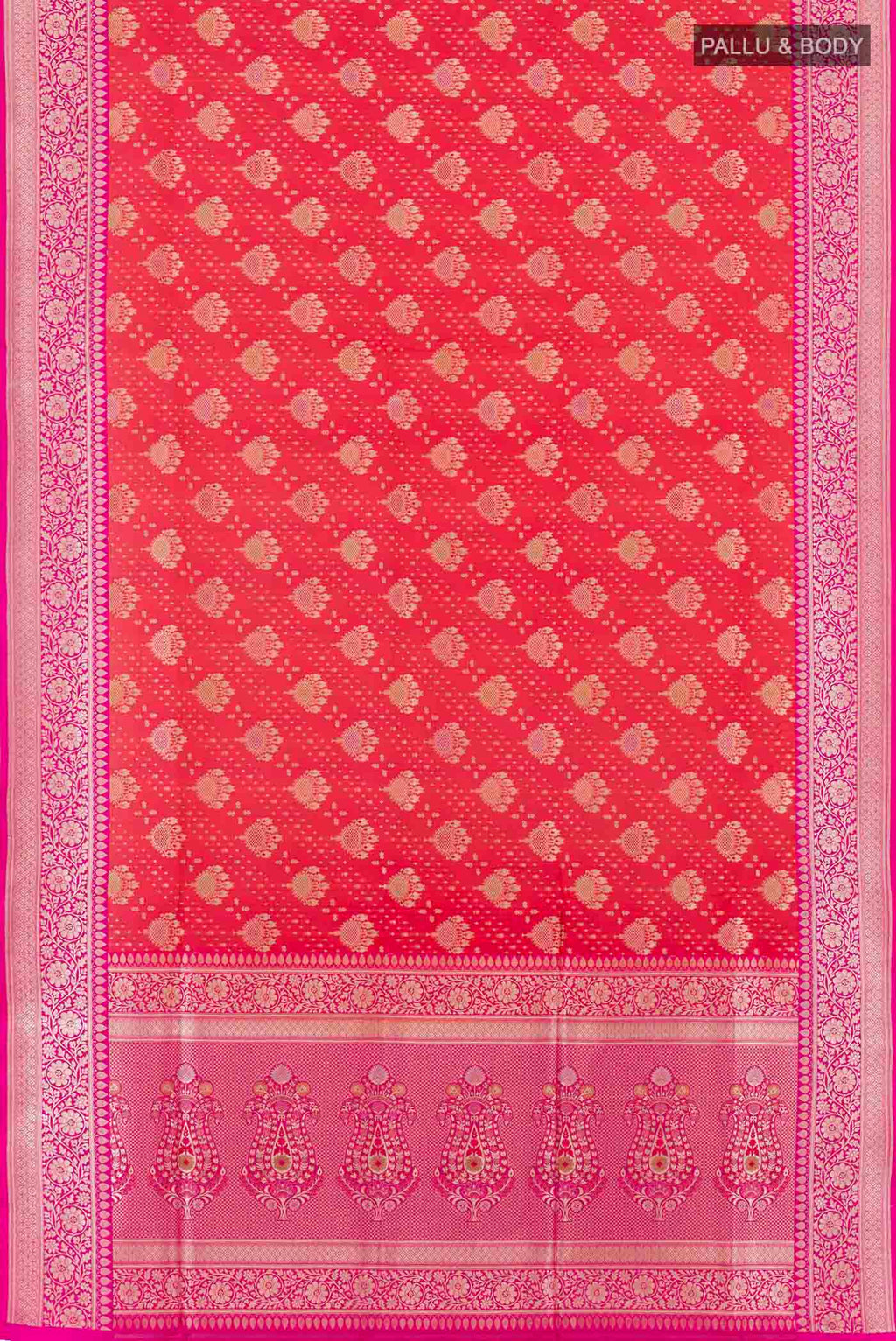 Flat view of Red Banarasi Silk Saree with Zari Butta on the body and Zari Border