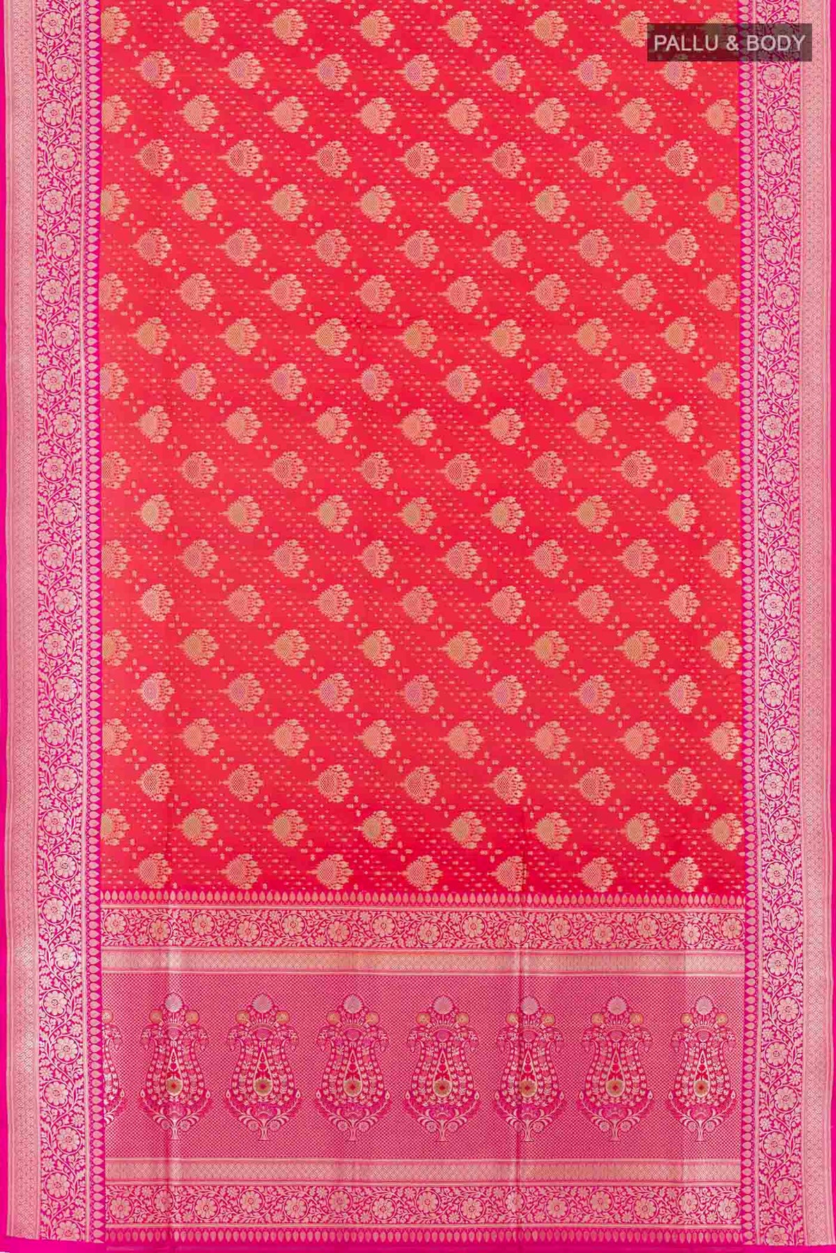 Flat view of Red Banarasi Silk Saree with Zari Butta on the body and Zari Border