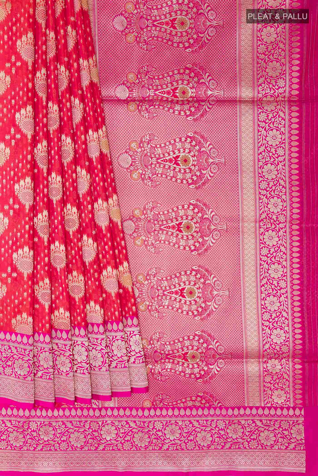Pleats and pallu of Red Banarasi Silk Saree with Zari Butta on the body and Zari Border