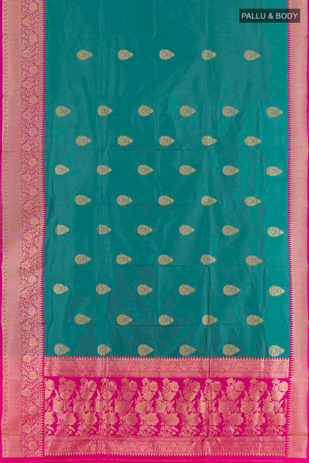 Flat view of Sea Green Banarasi Katan Silk Saree with Zari Butta on the body and Zari Border