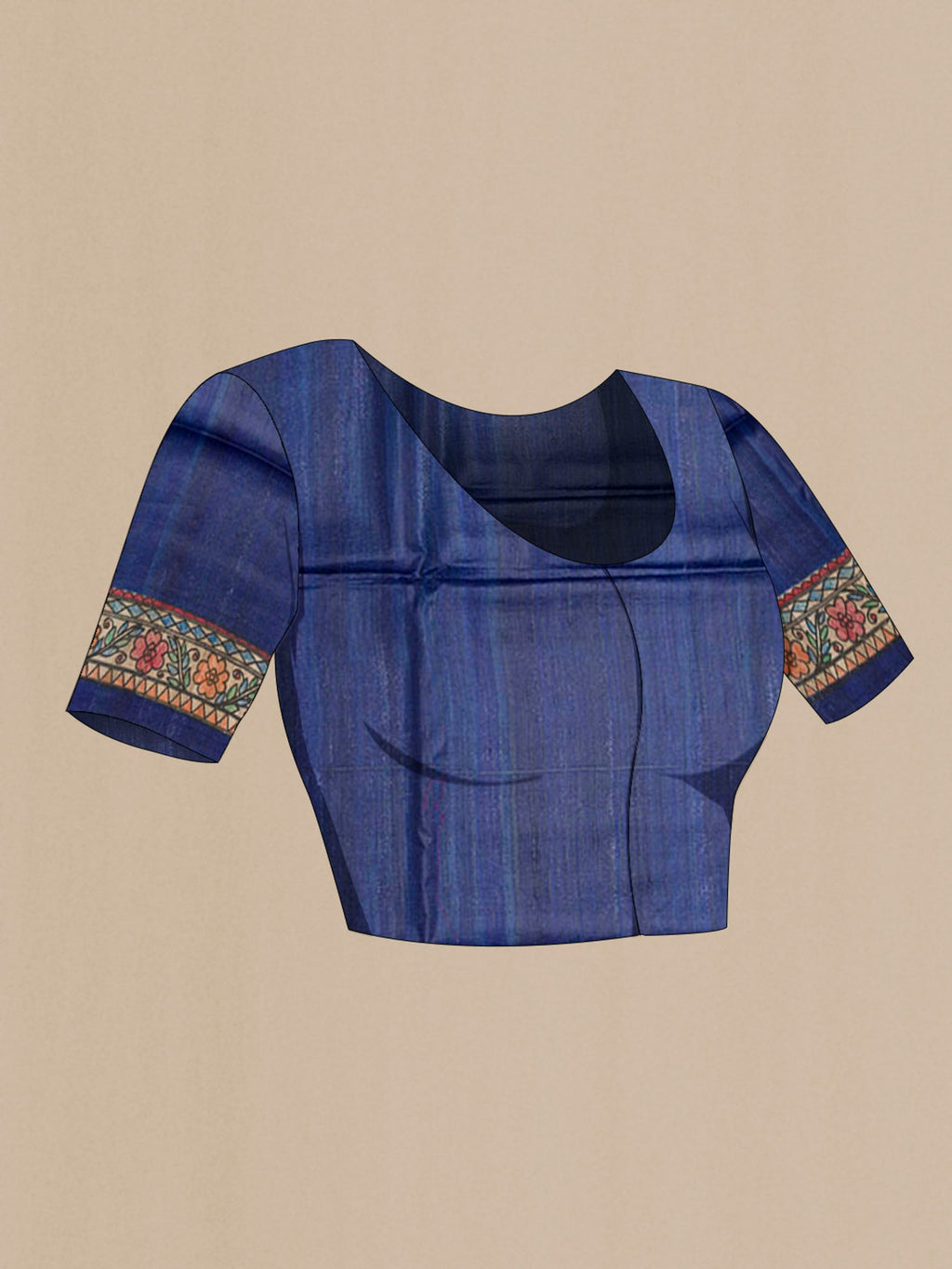Close up image of the blouse of Blue Tussar Saree with Printed design on the body and Printed Border