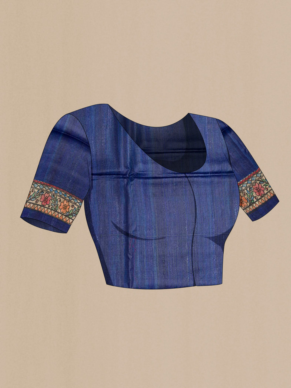 Close up image of the blouse of Blue Tussar Saree with Printed design on the body and Printed Border