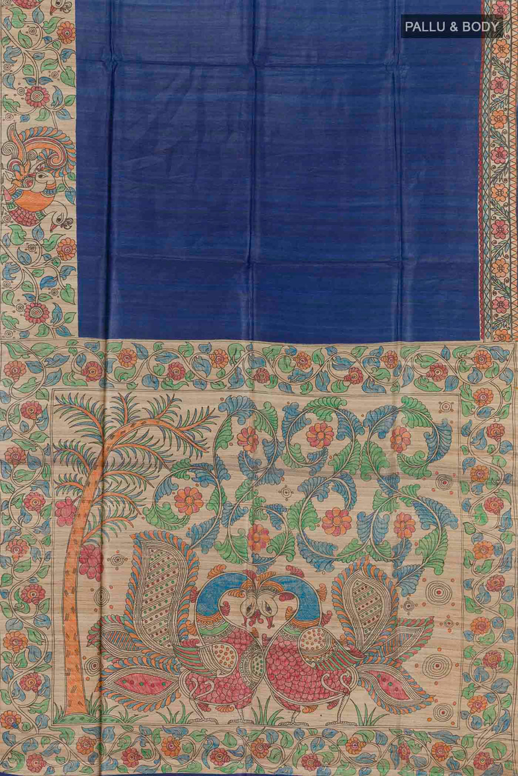 Flat view of Blue Tussar Saree with Printed design on the body and Printed Border