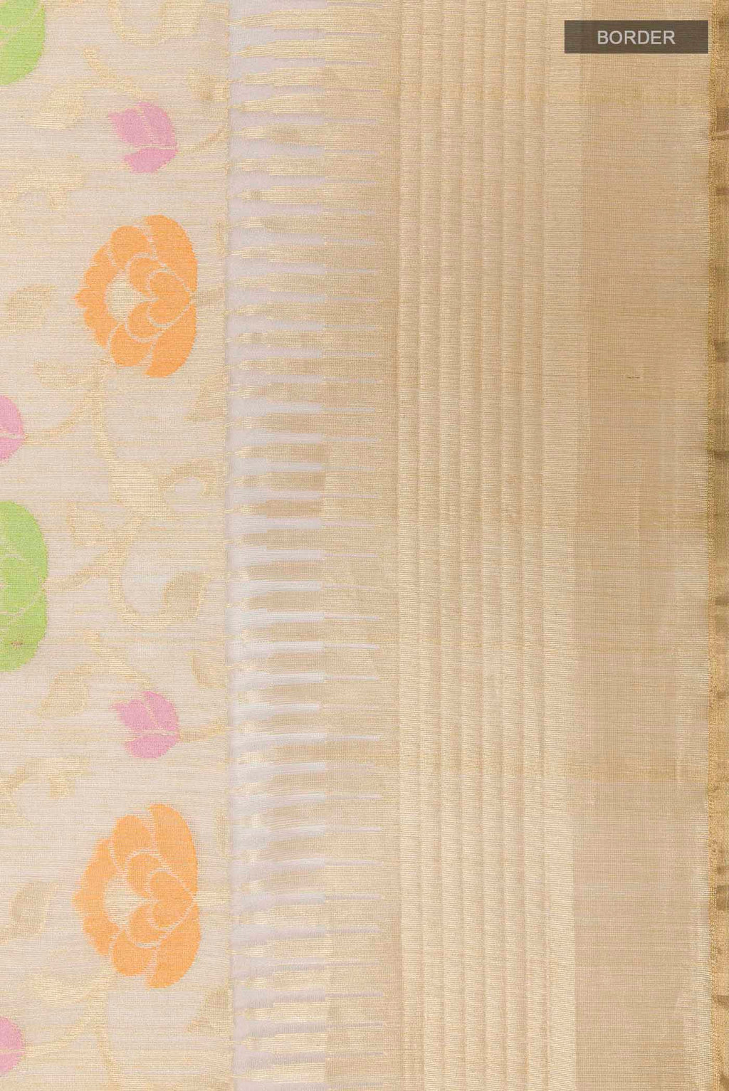 Border image of Beige Banarasi Kora Silk Saree with Thread Brocade on the body and Zari Border
