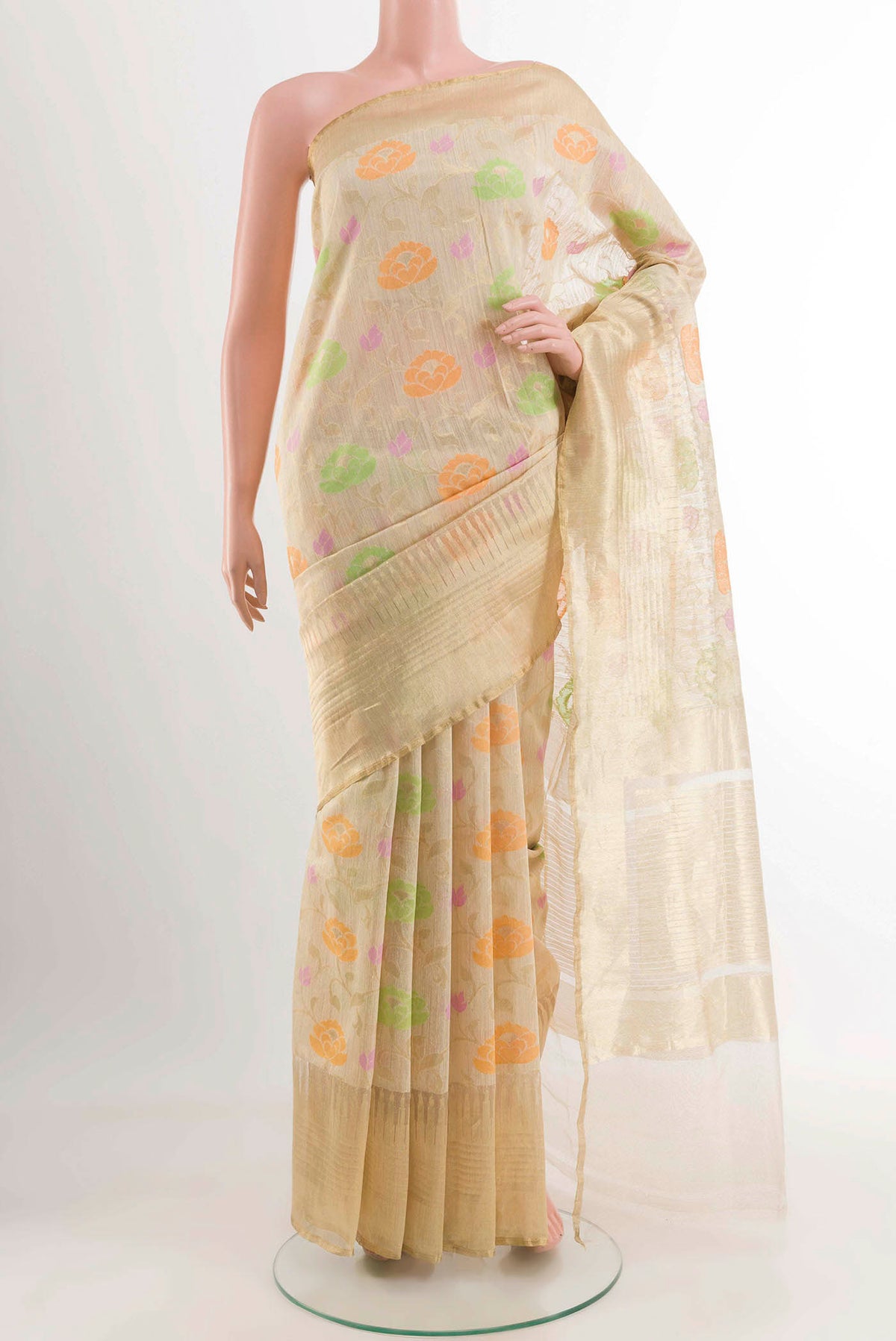 Beige Banarasi Kora Silk Saree with Thread Brocade on the body and Zari Border displayed on a mannequin