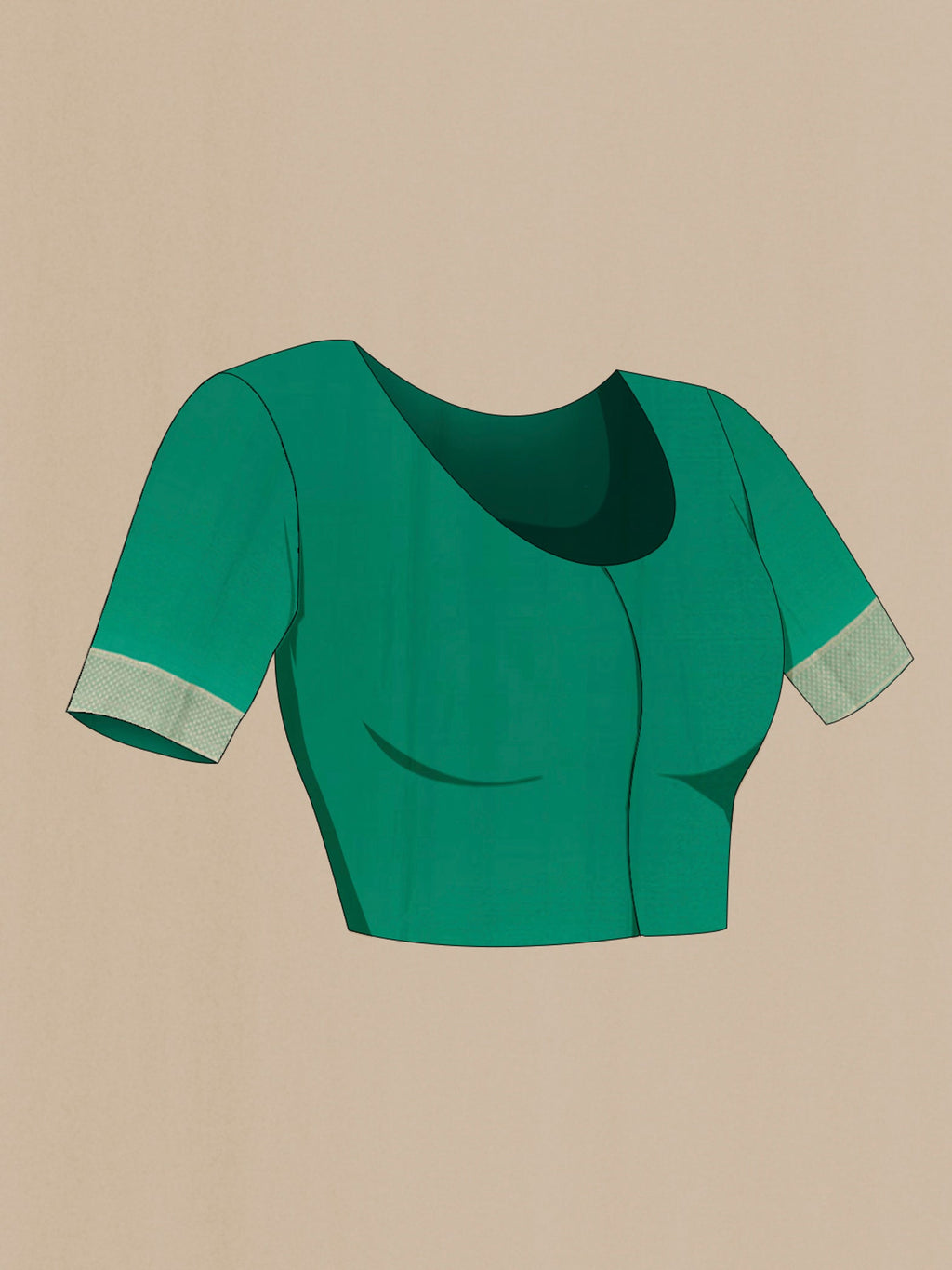 Close up image of the blouse of Green Mysore Crepe Saree with Zari Butta on the body and Plain Border. 