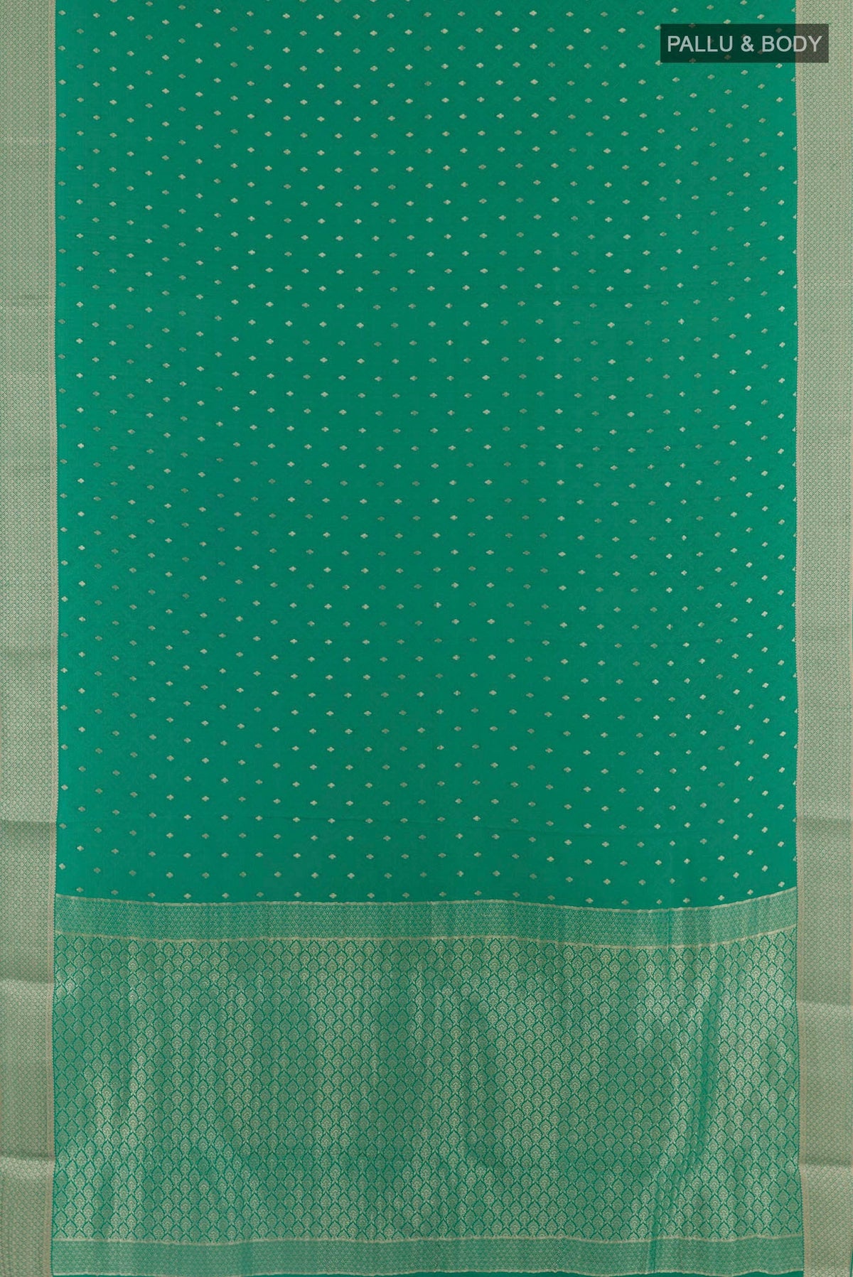 Flat view of Green Mysore Crepe Saree with Zari Butta on the body and Plain Border. 