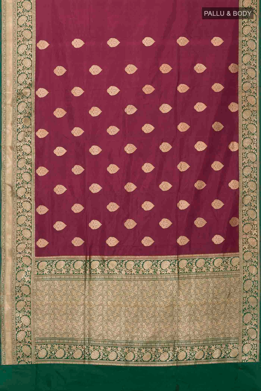Flat view of Maroon Banarasi Katan Silk Saree with Zari Butta on the body and Zari Border
