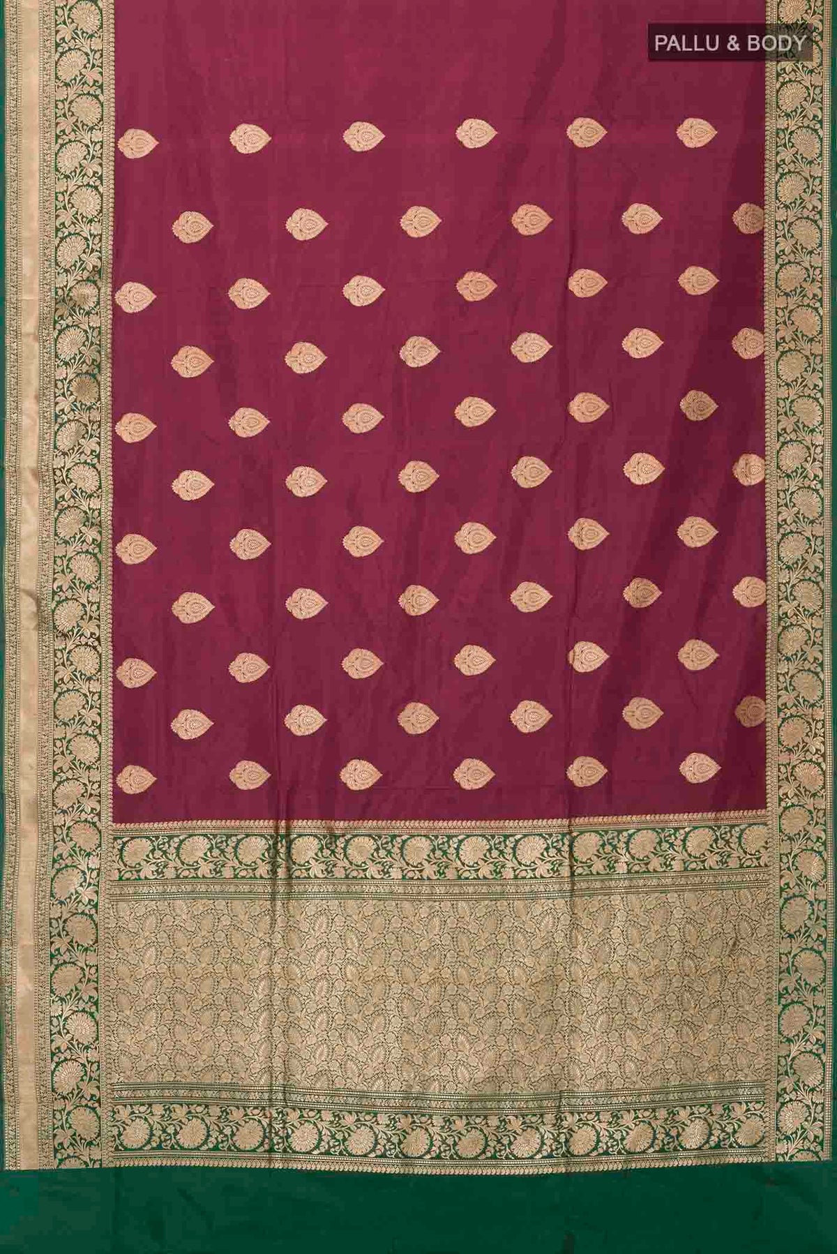 Flat view of Maroon Banarasi Katan Silk Saree with Zari Butta on the body and Zari Border