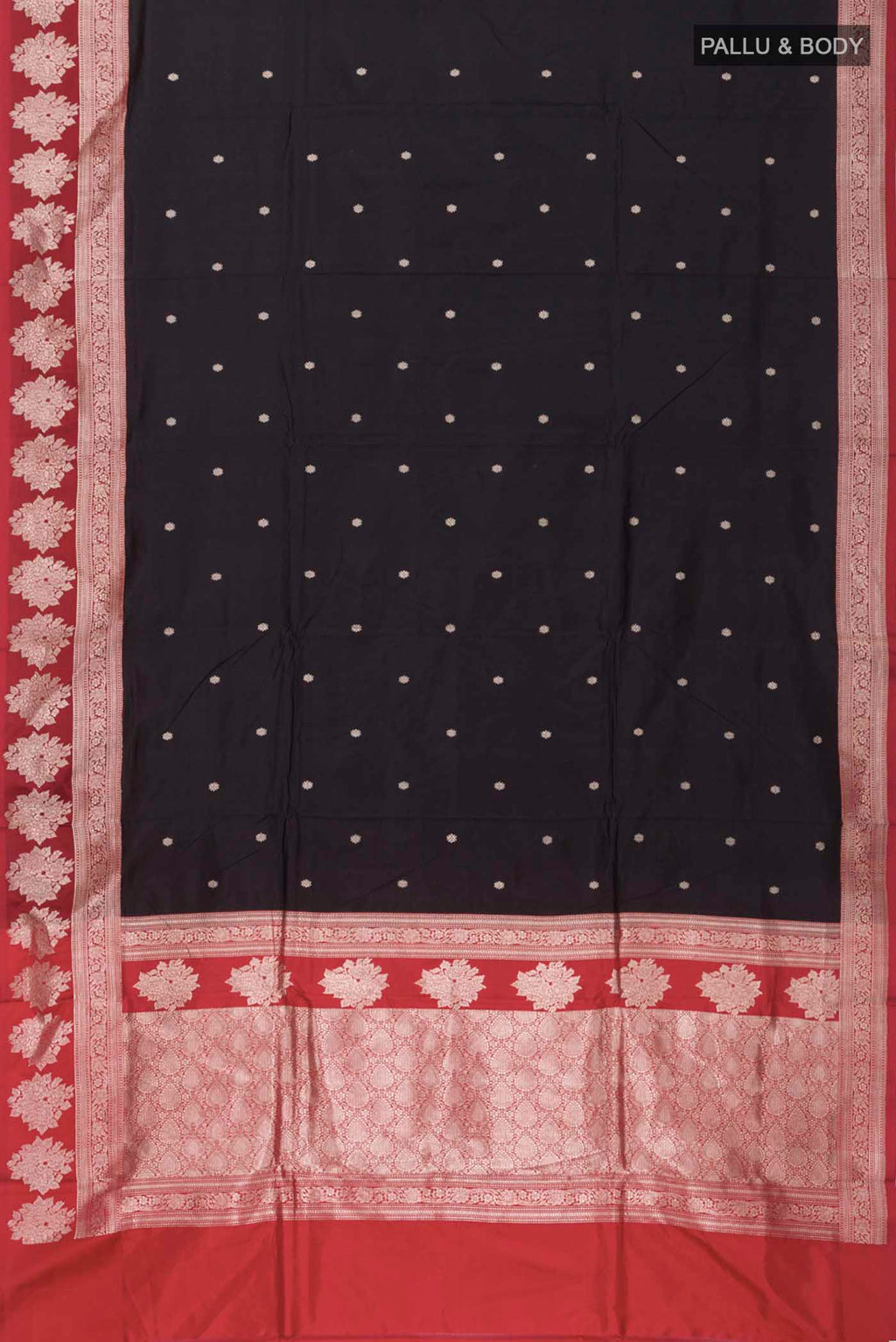 Flat view of Black Banarasi Katan Silk Saree with Zari Butta on the body and Zari Border