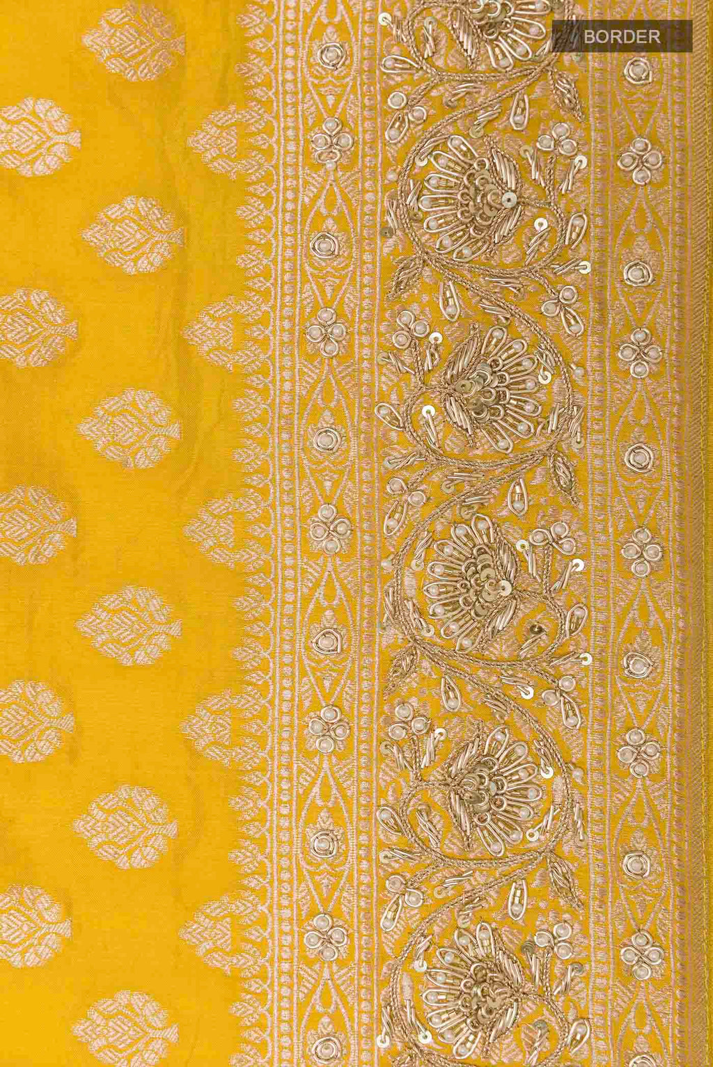 Border image of Yellow Banarasi Silk Saree with Zari Butta on the body and Sequin Border