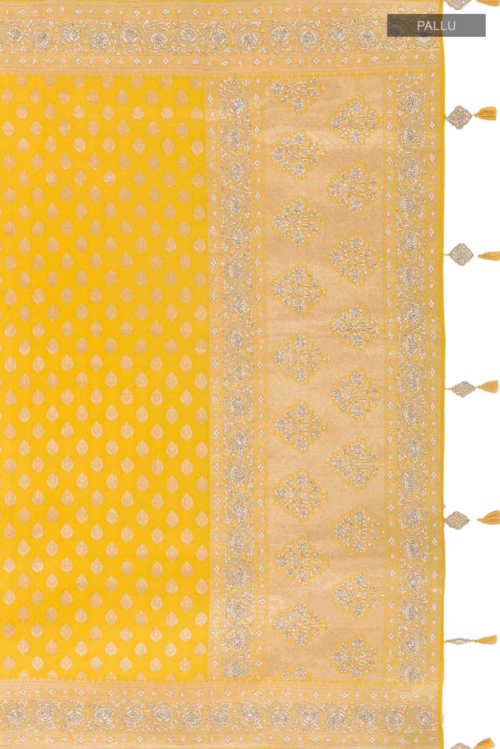 Close up image of the pallu of Yellow Banarasi Silk Saree with Zari Butta on the body and Sequin Border
