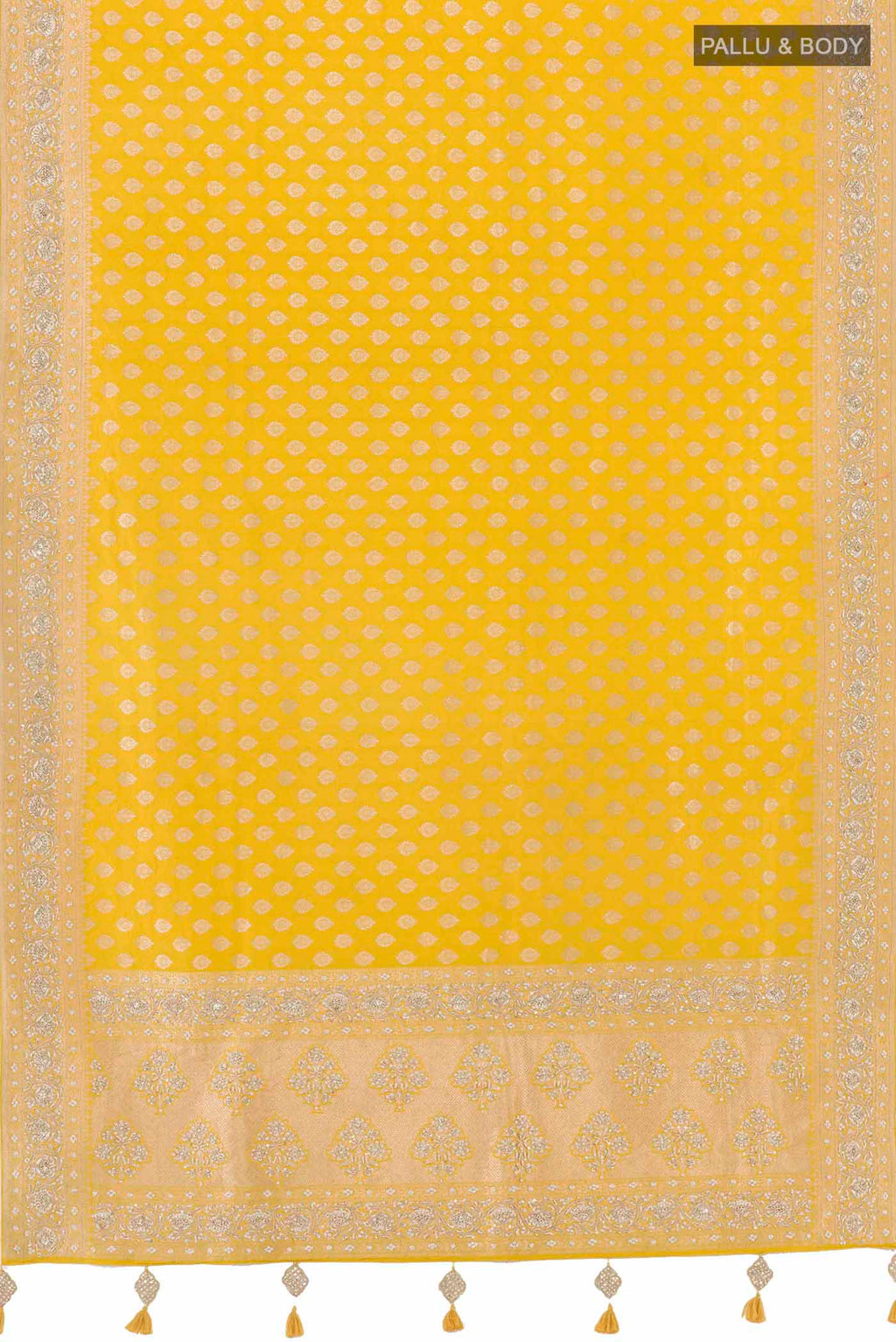Flat view of Yellow Banarasi Silk Saree with Zari Butta on the body and Sequin Border