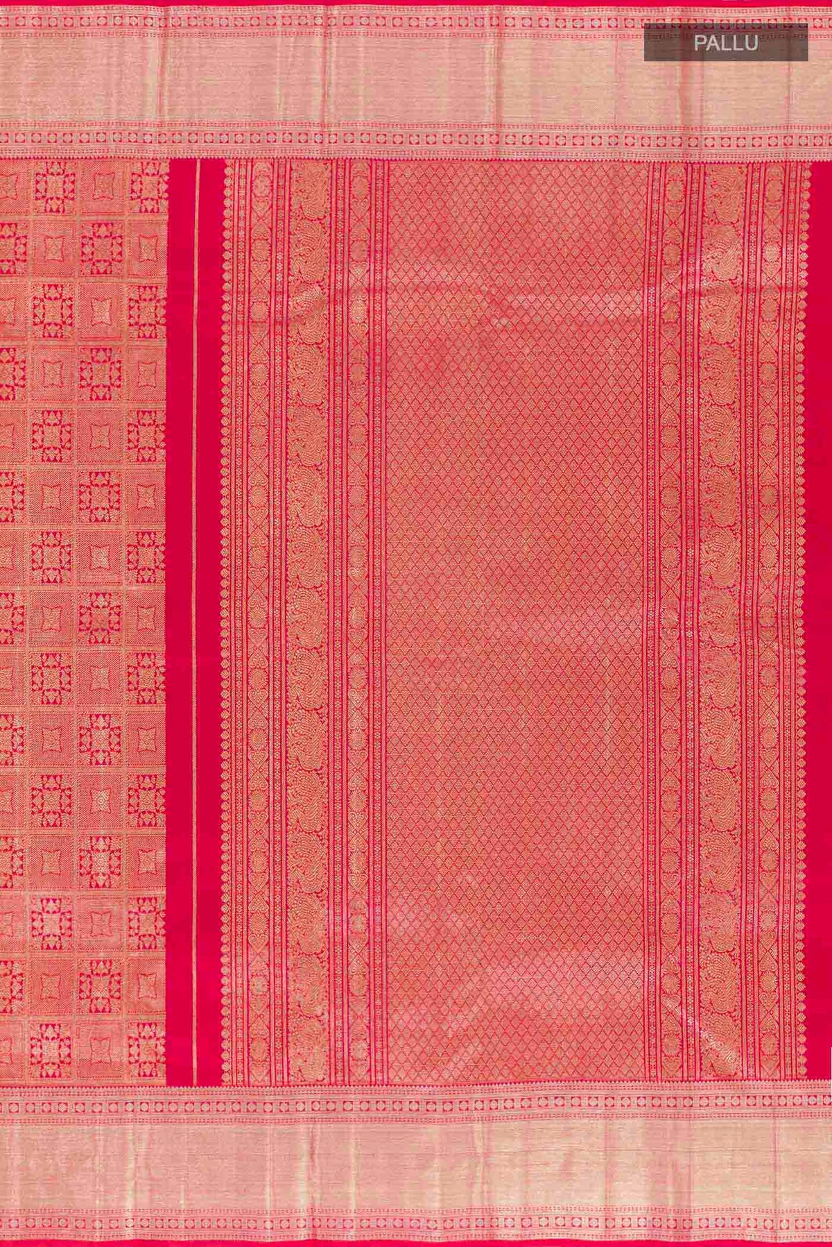 Close up image of the pallu of Red Kanchipuram Silk Saree with Zari Brocade on the body and Zari Border