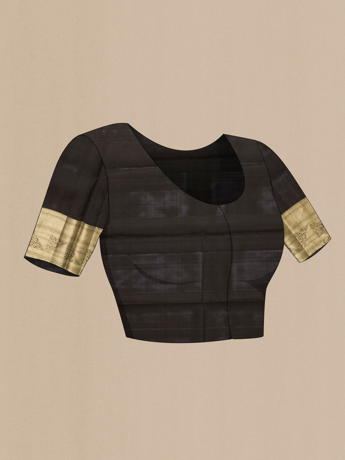 Close up image of the blouse of Black Kanchipuram Silk Saree with Zari Butta on the body and Zari Border