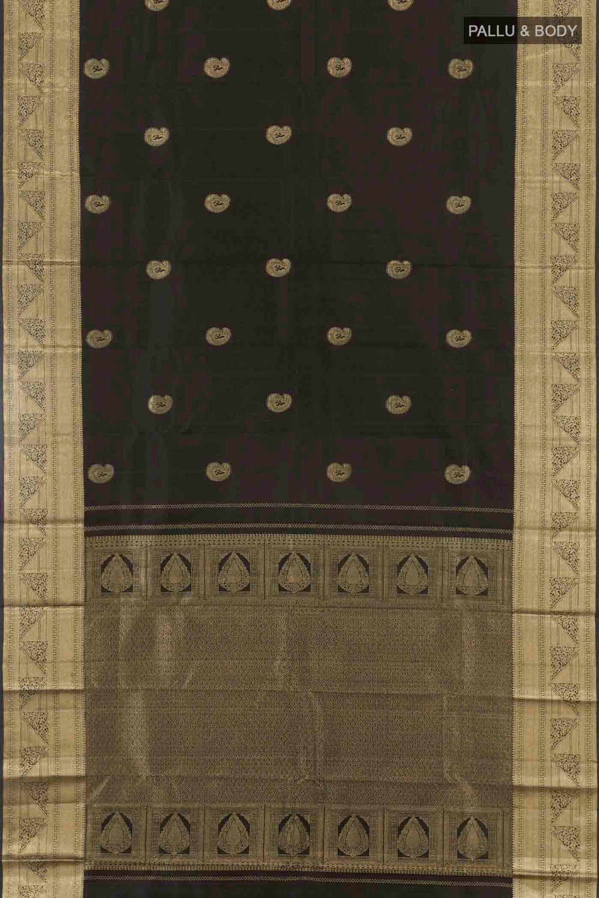 Flat view of Black Kanchipuram Silk Saree with Zari Butta on the body and Zari Border