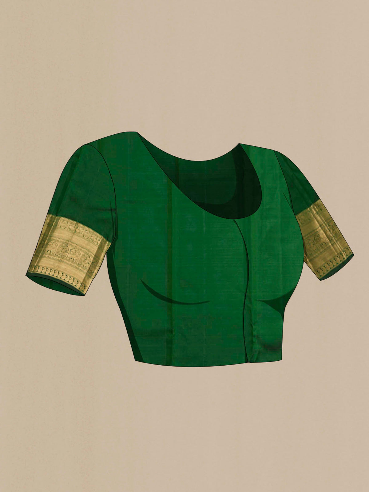 Close up image of the blouse of Green Kanchipuram Silk Saree with Zari Brocade on the body and Zari Border