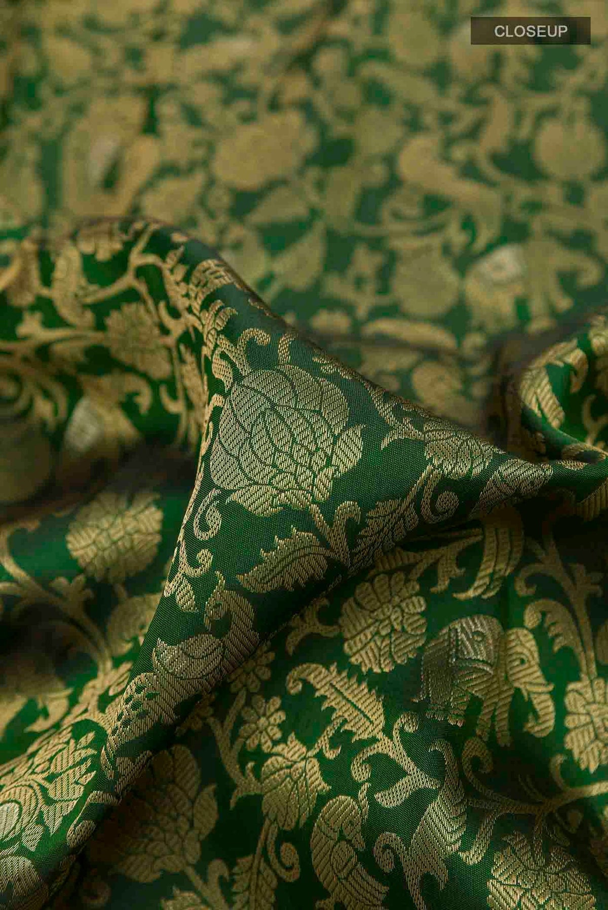 Close up of Green Kanchipuram Silk Saree with Zari Brocade on the body and Zari Border displaying folds