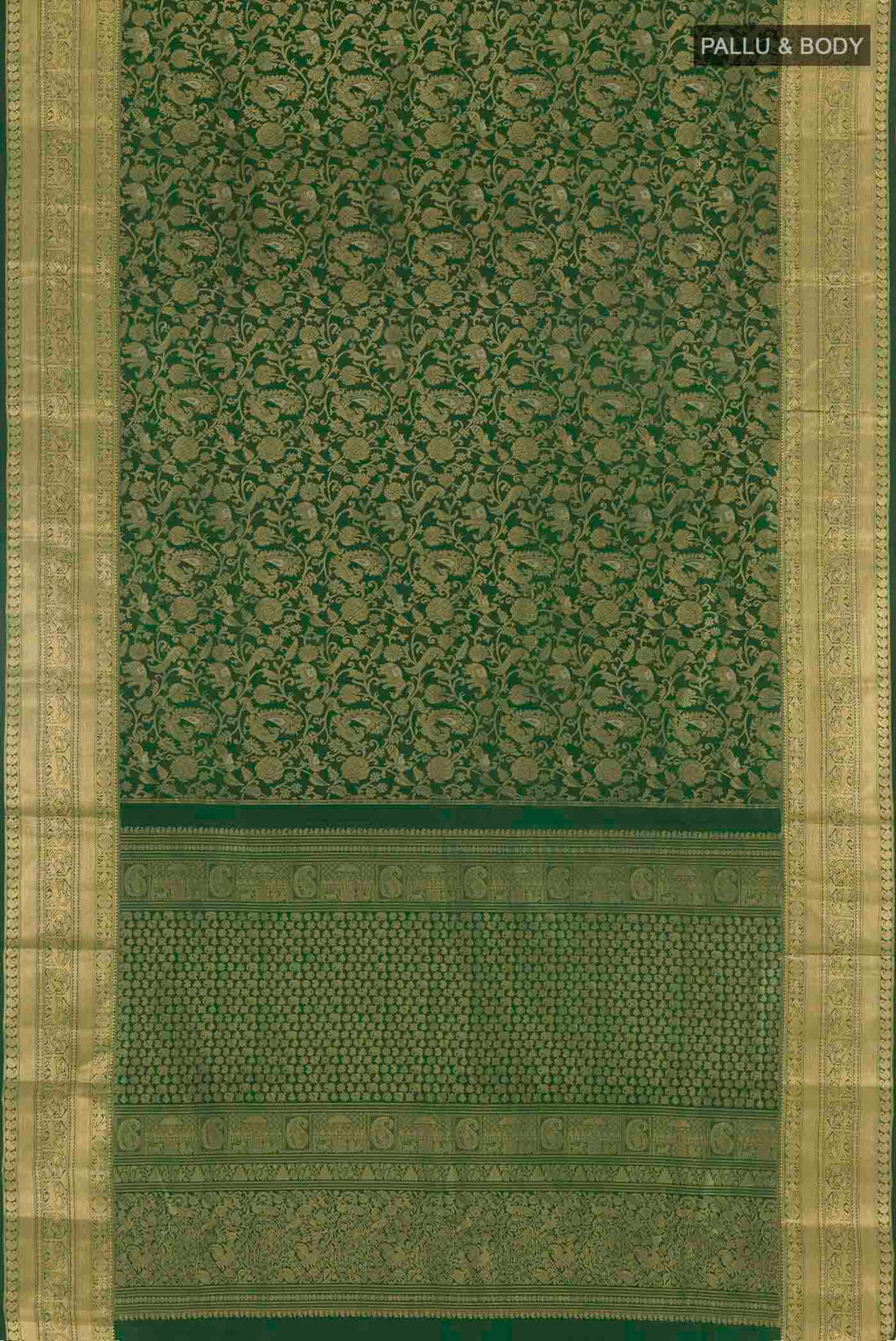 Flat view of Green Kanchipuram Silk Saree with Zari Brocade on the body and Zari Border