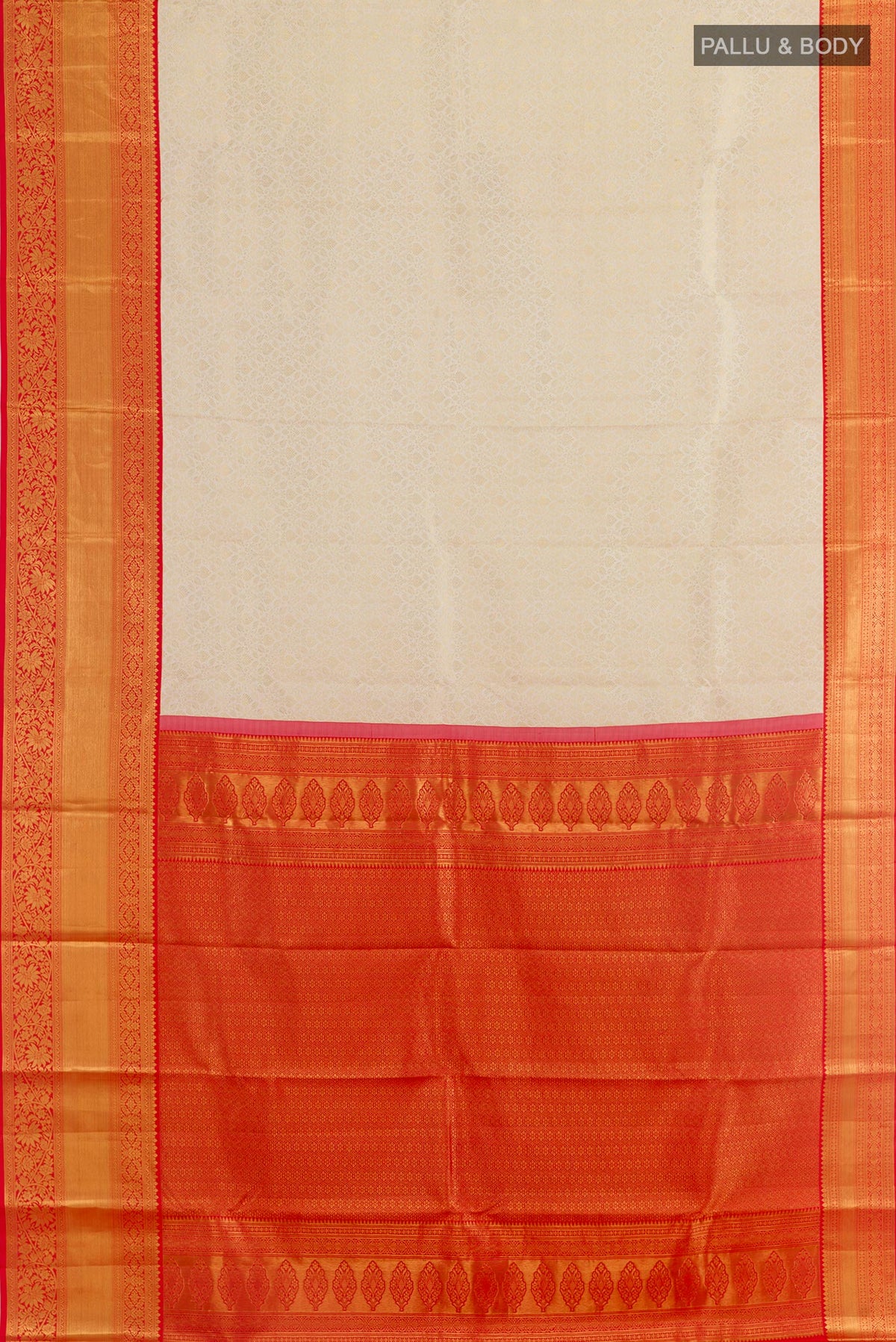 Flat view of Off White Kanchipuram Silk Saree with Zari Brocade on the body and Zari Border. 