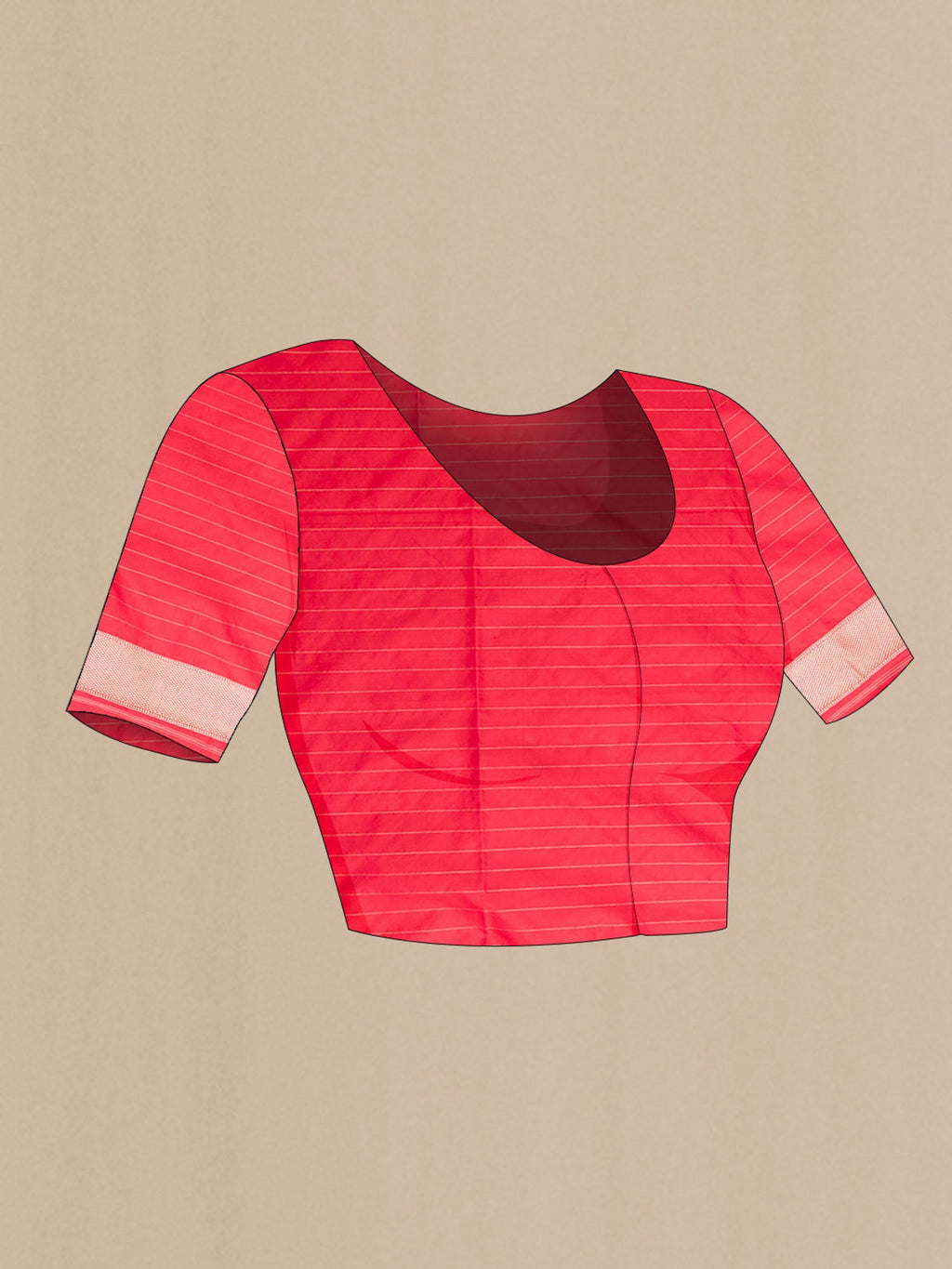 Close up image of the blouse of Red Banarasi Silk Saree with Stripes on the body and Zari Border