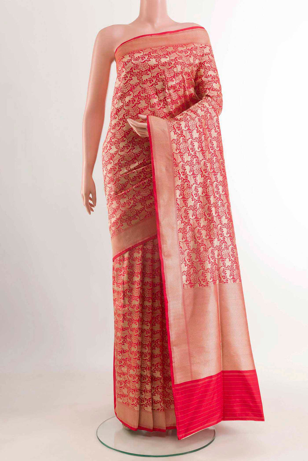 Red Banarasi Silk Saree with Stripes on the body and Zari Border displayed on a mannequin