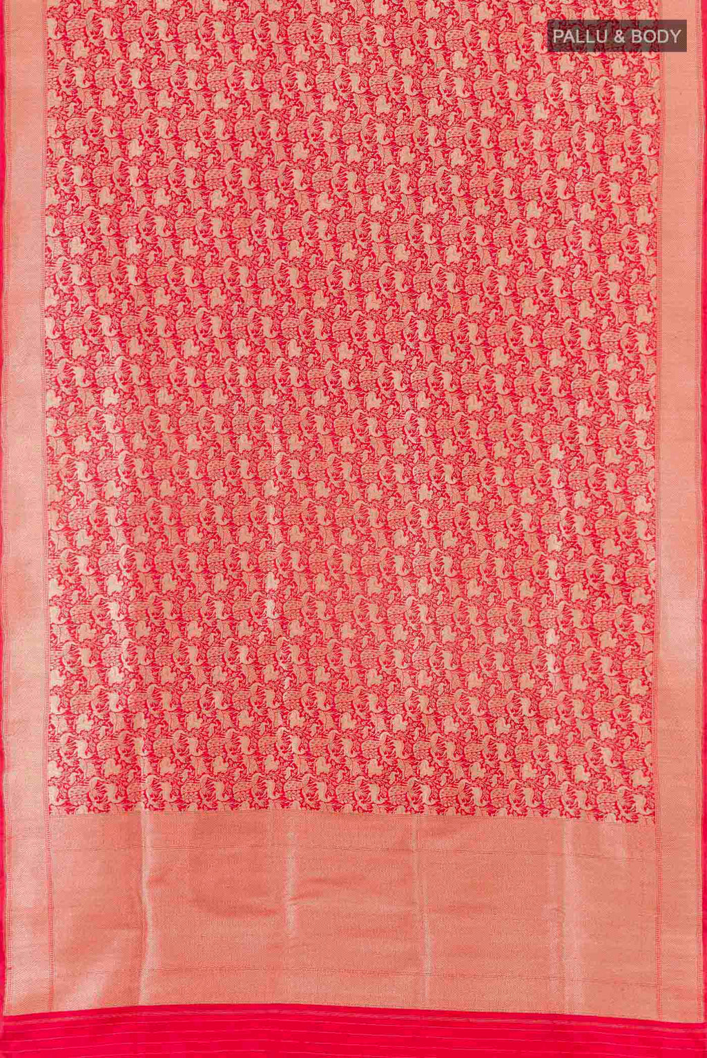 Flat view of Red Banarasi Silk Saree with Stripes on the body and Zari Border