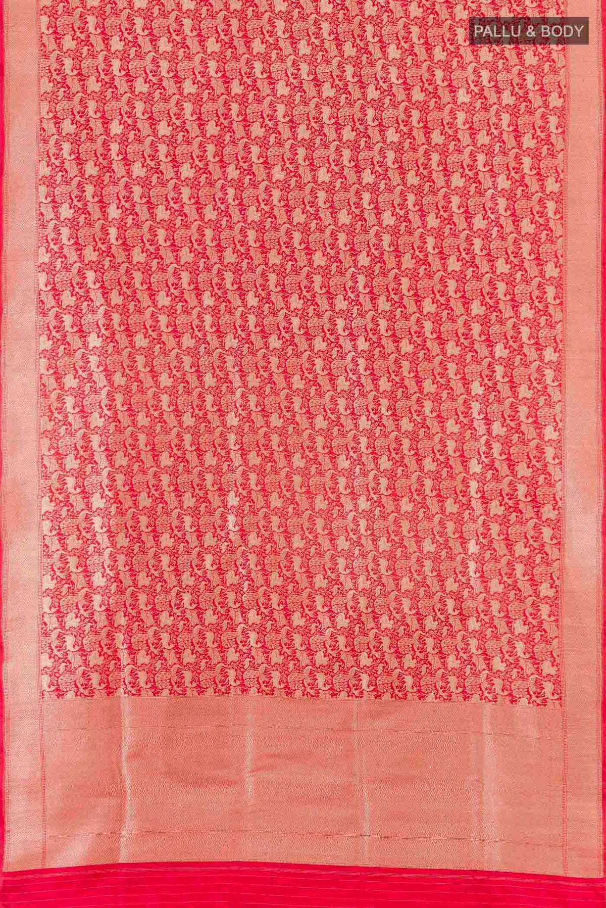 Flat view of Red Banarasi Silk Saree with Stripes on the body and Zari Border