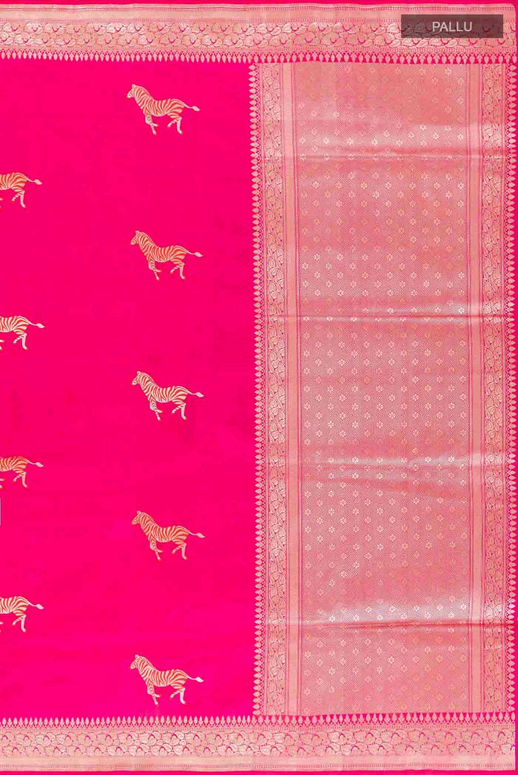 Close up image of the pallu of Pink Banarasi Silk Saree with Zari Butta on the body and Zari Border