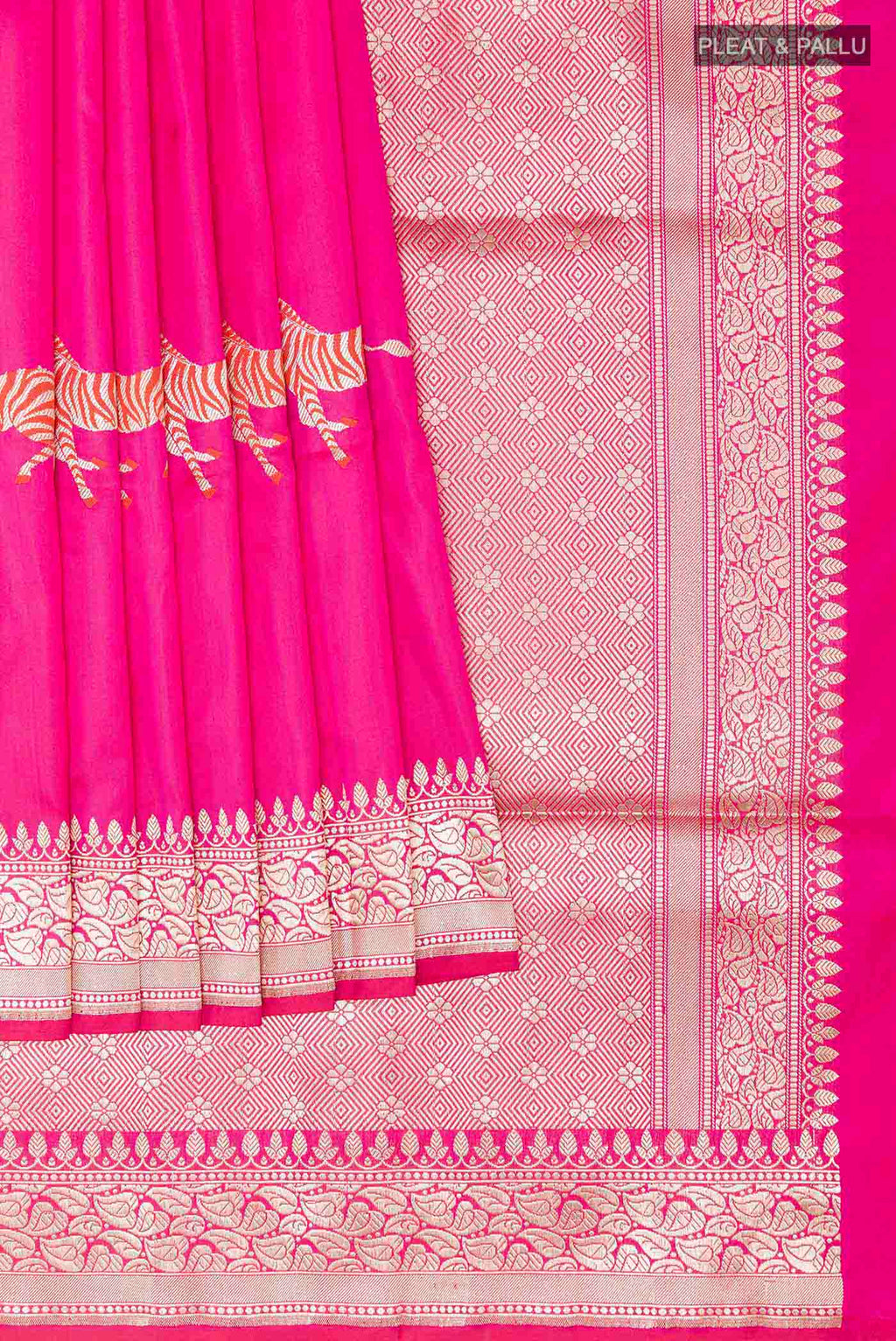 Pleats and pallu of Pink Banarasi Silk Saree with Zari Butta on the body and Zari Border