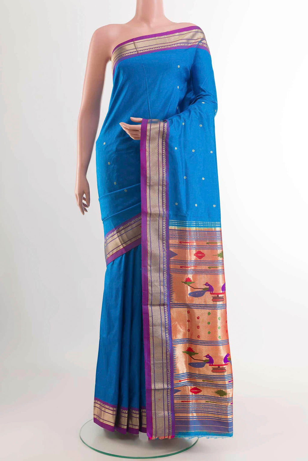 Blue Paithani Silk Saree with Zari Butta on the body and Zari Border displayed on a mannequin