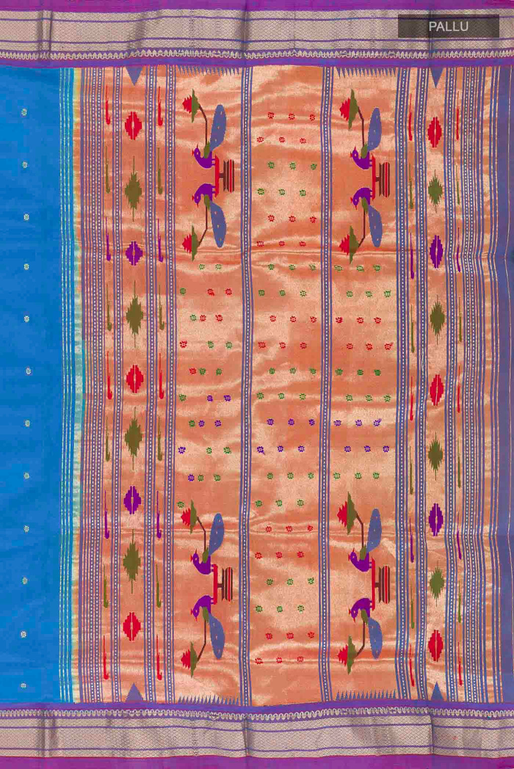 Close up image of the pallu of Blue Paithani Silk Saree with Zari Butta on the body and Zari Border