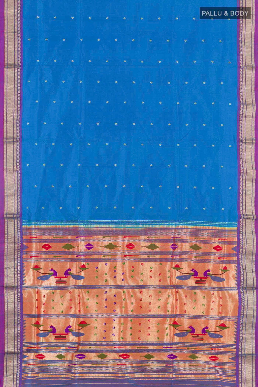 Flat view of Blue Paithani Silk Saree with Zari Butta on the body and Zari Border