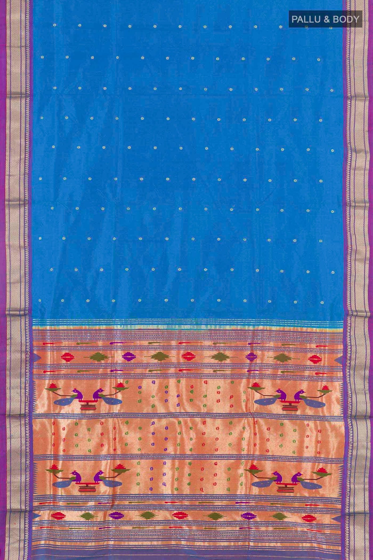 Flat view of Blue Paithani Silk Saree with Zari Butta on the body and Zari Border