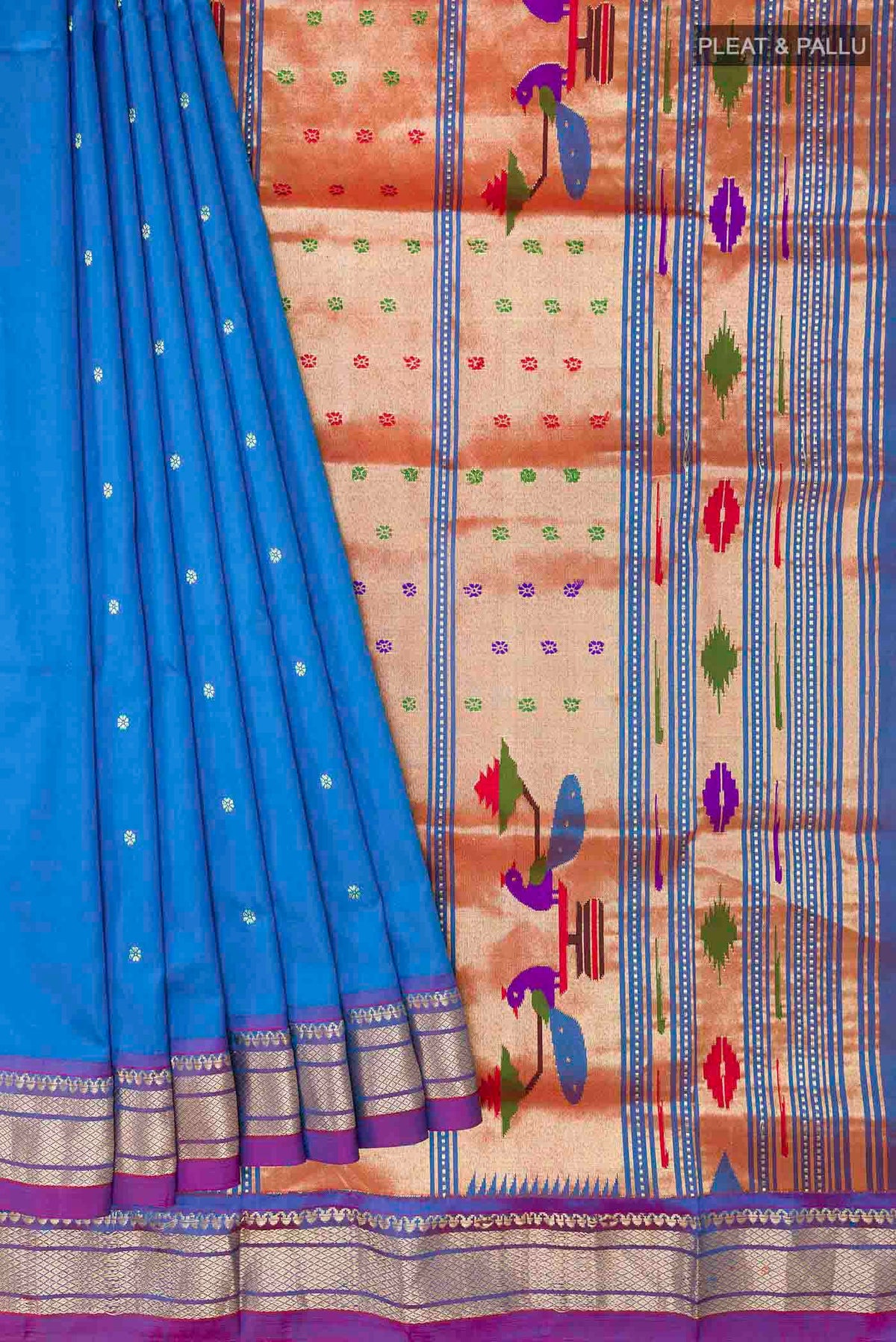 Pleats and pallu of Blue Paithani Silk Saree with Zari Butta on the body and Zari Border