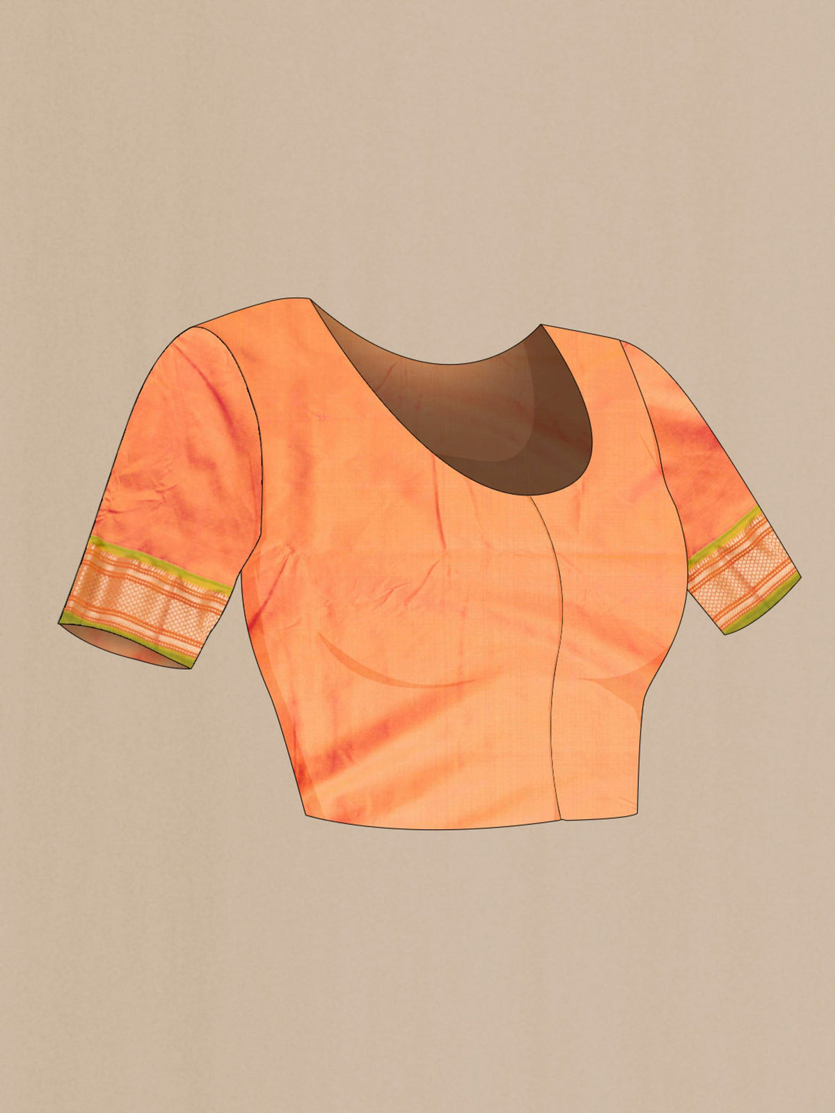 Close up image of the blouse of Orange Dual Tone Paithani Silk Saree with Zari Butta on the body and Zari Border
